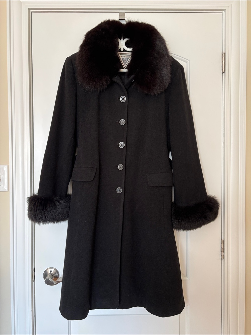 Marvin Richards Black 100% Lambswool Fur Trim Coat Women’s 16 EUC